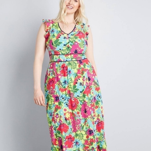 ModCloth Dress Floral V Neck Tiered Ruffle Maxi Dress - Picture 6 of 11